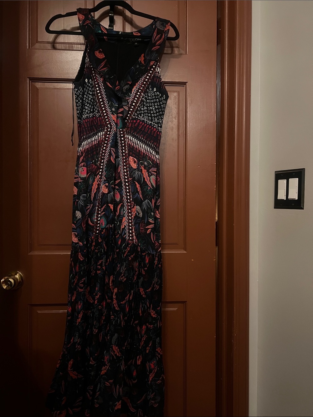 SALONI Silk Navy Maxi Dress with Coral and Pink Floral Accents